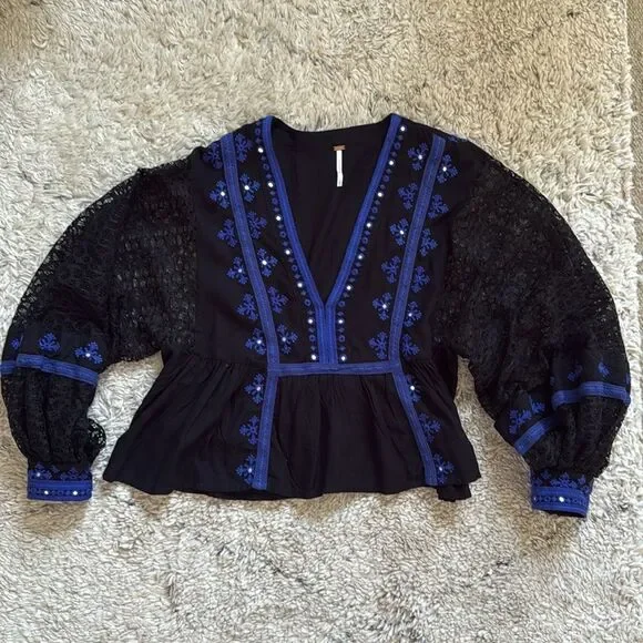 FREE PEOPLE Boogie All Night Peasant Blouse In Black S NWOT - Picture 7 of 13